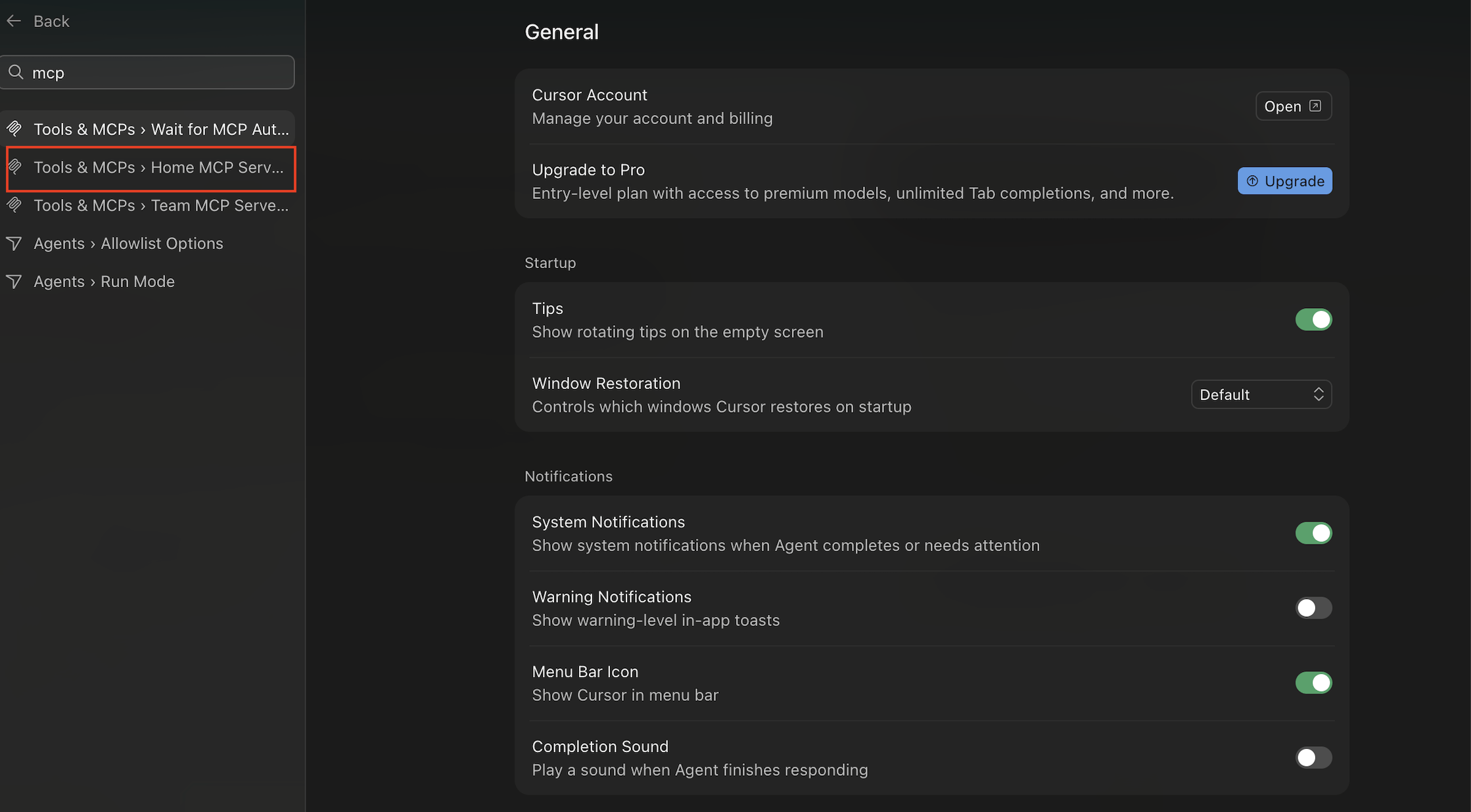 Cursor Settings with "mcp" typed in the search field, showing the Tools and MCPs results with Home MCP Servers highlighted