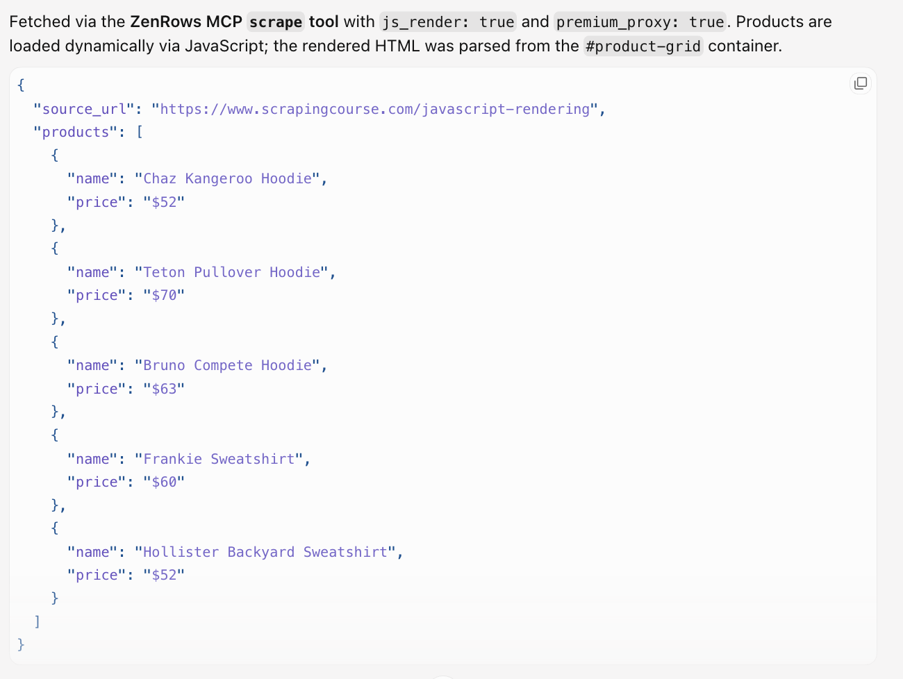 Cursor's agent output with a JSON object of five products and prices parsed from the rendered #product-grid container, noting the fetch used js_render and premium_proxy