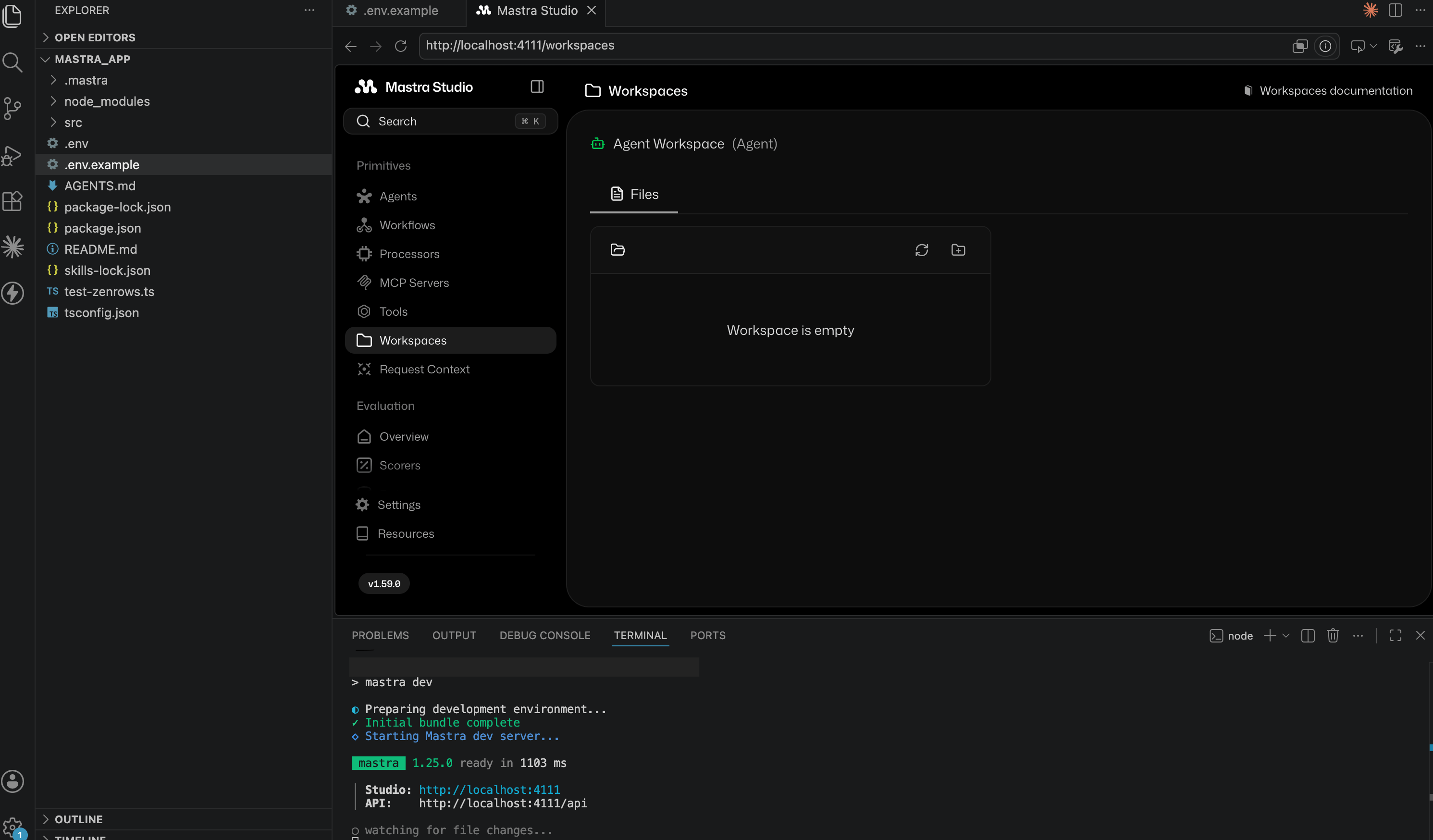 Mastra Studio listing the registered agents, with the market research agent ready to open in its chat UI