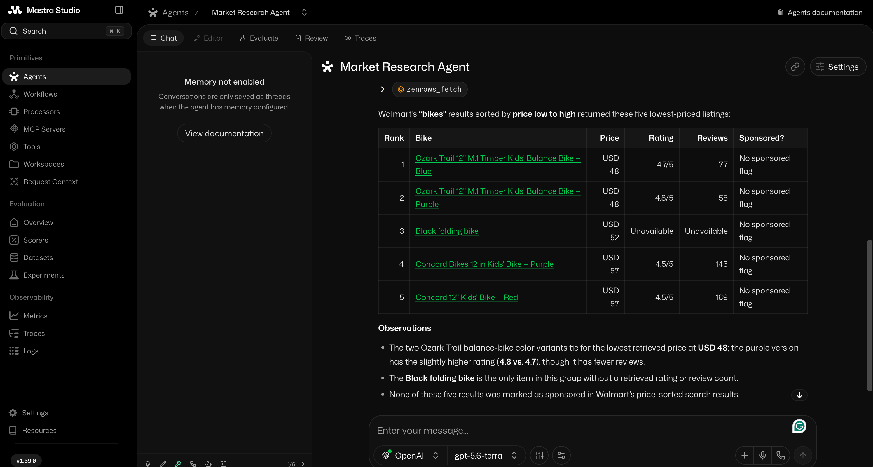 The market research agent in Mastra Studio answering the bike comparison prompt, showing the zenrows_fetch tool call it chose and the ranked product table it built from the returned fields