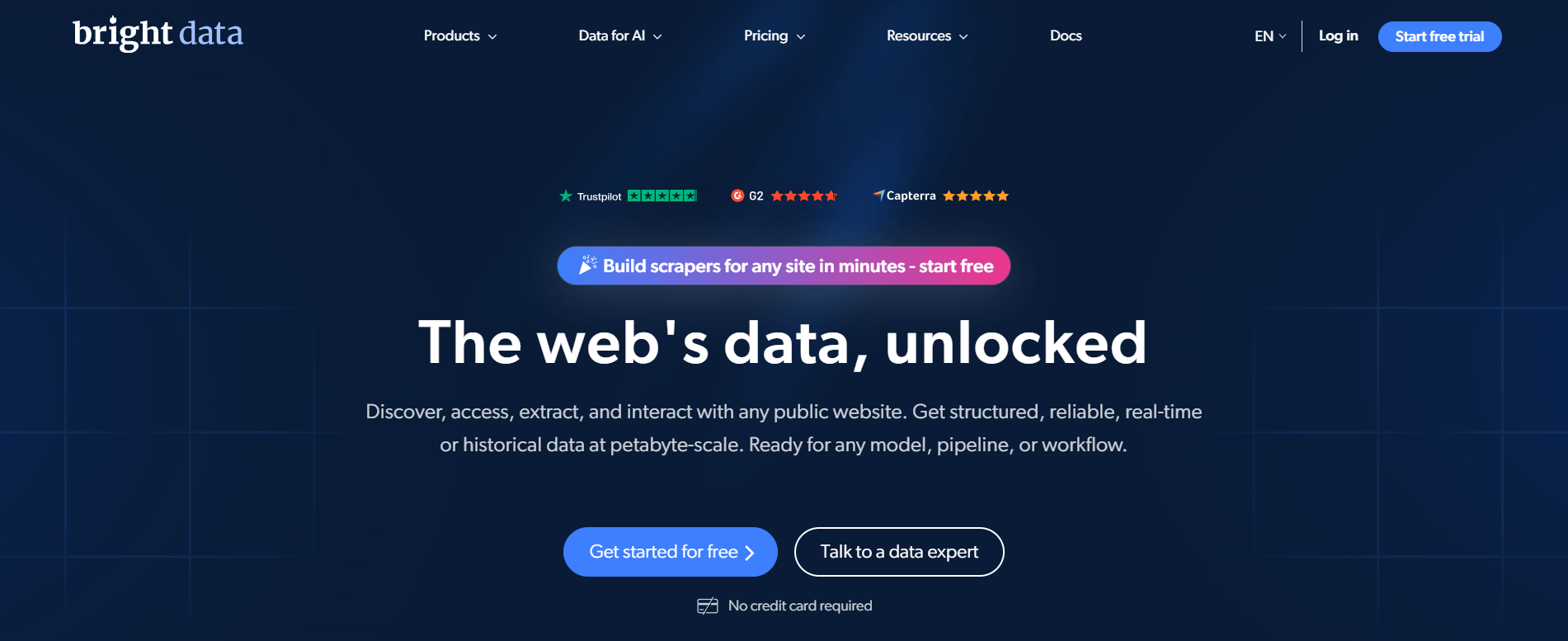 Bright Data homepage with the headline "The web's data, unlocked" and Get started for free and Talk to a data expert buttons
