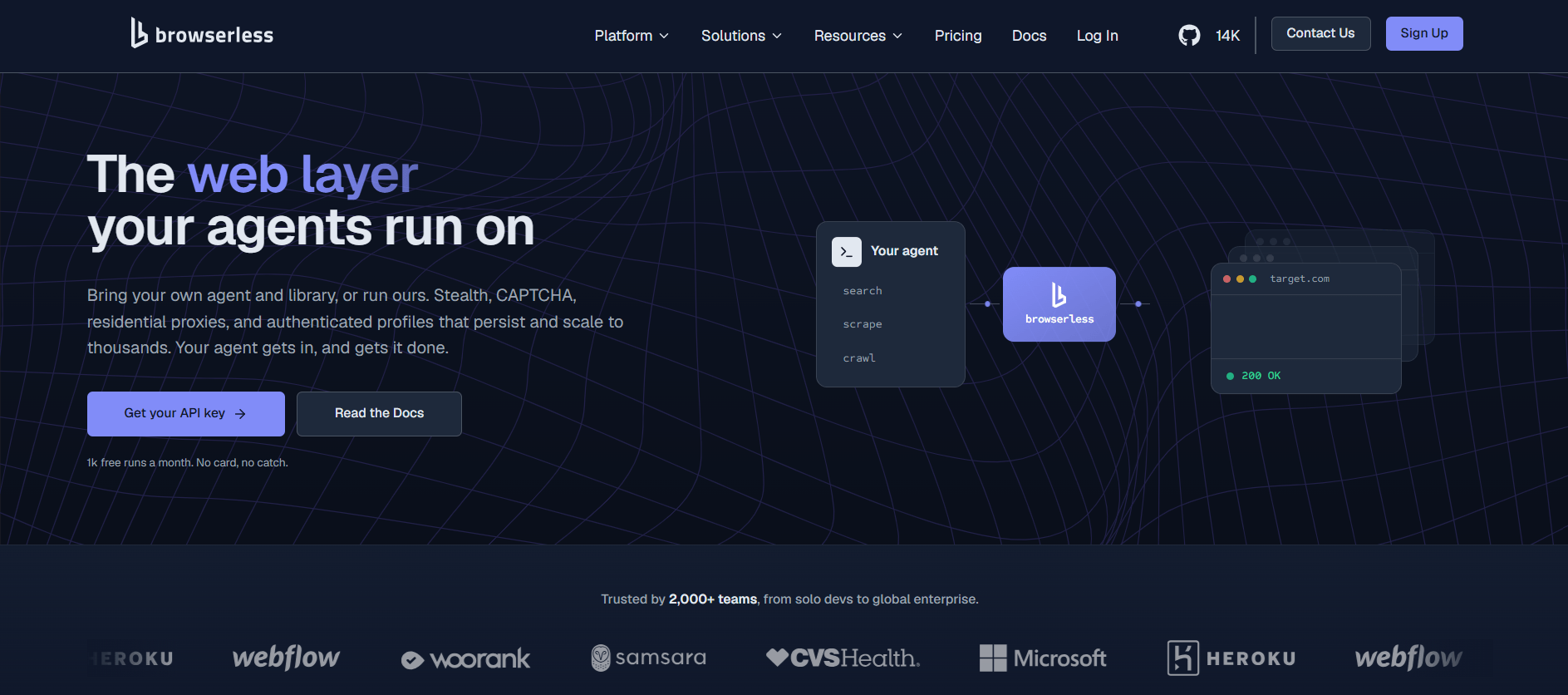 Browserless homepage with the headline "The web layer your agents run on" and a diagram of an agent calling Browserless to reach a target
