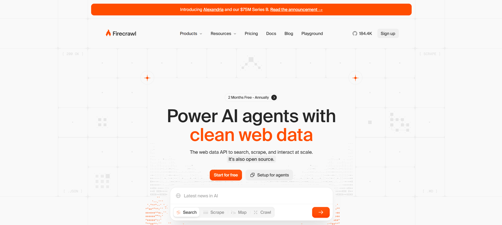 Firecrawl homepage with the headline "Power AI agents with clean web data" and Search, Scrape, Map and Crawl tabs