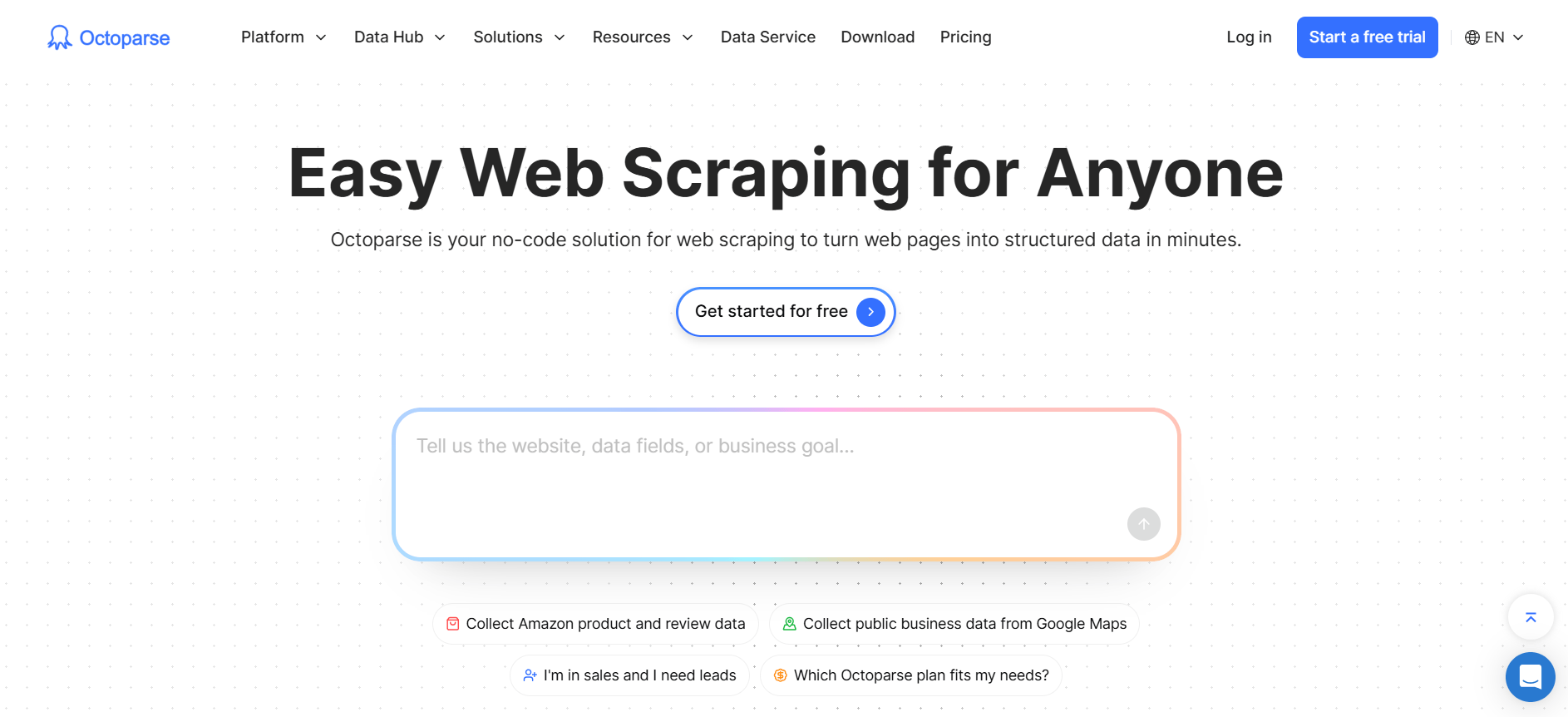 Octoparse homepage with the headline "Easy Web Scraping for Anyone" and a prompt box for describing the website and data fields to collect