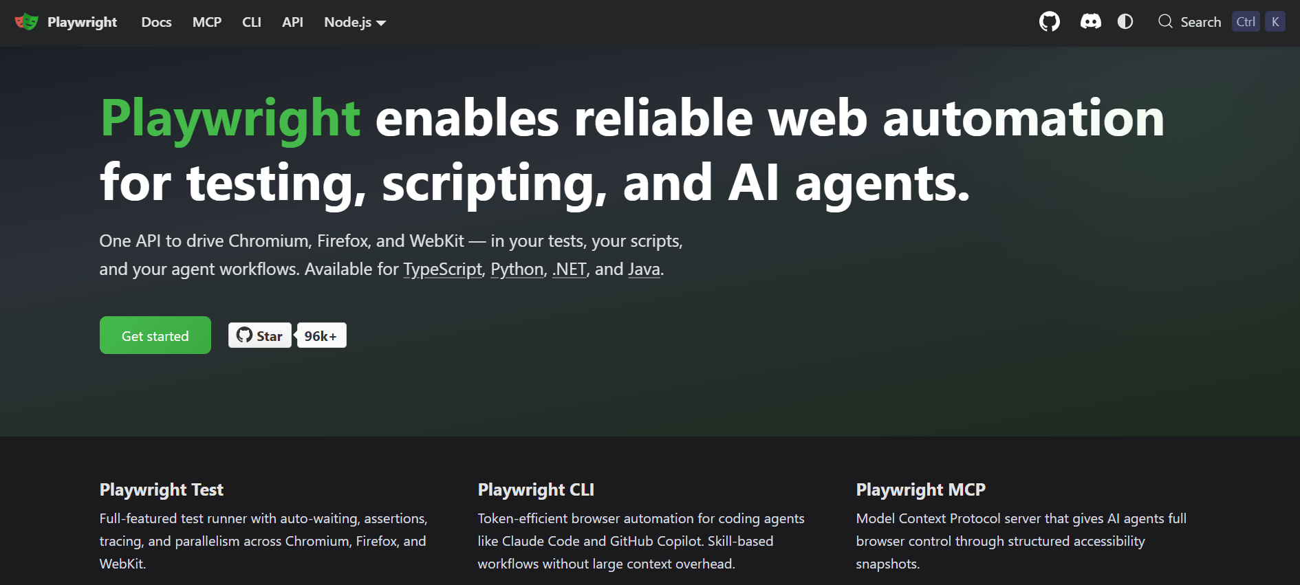 Playwright homepage with the headline "Playwright enables reliable web automation for testing, scripting, and AI agents" above Playwright Test, CLI and MCP sections
