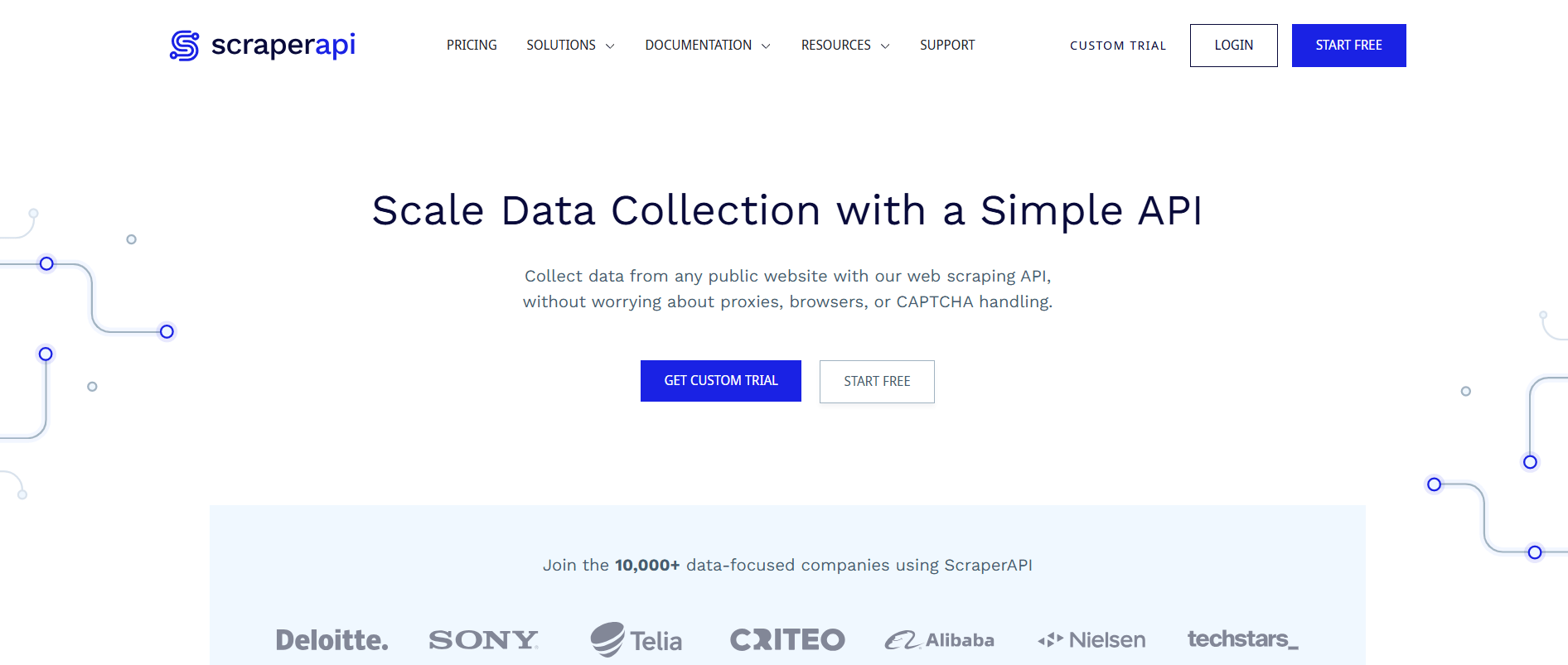 ScraperAPI homepage with the headline "Scale Data Collection with a Simple API" and Get custom trial and Start free buttons