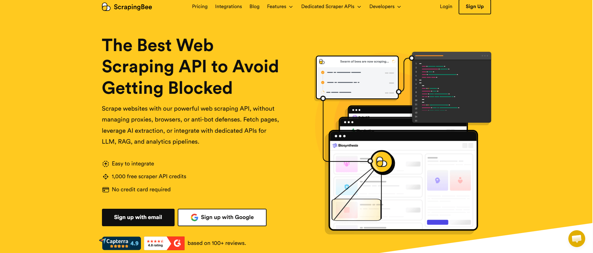 ScrapingBee homepage with the headline "The Best Web Scraping API to Avoid Getting Blocked" and sign-up buttons