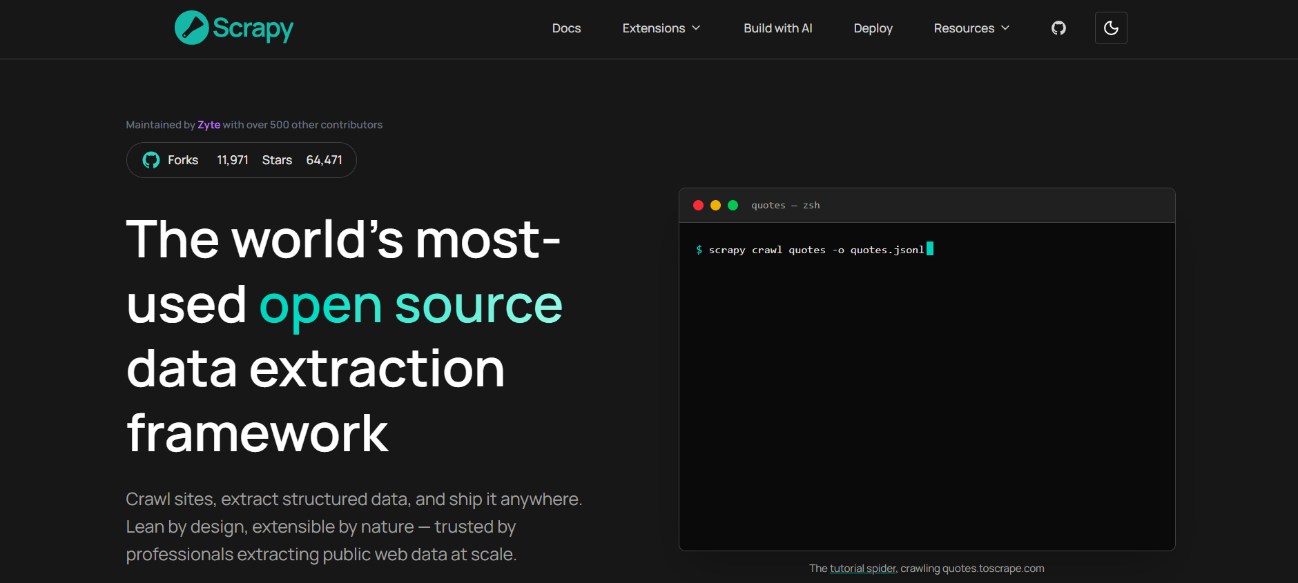Scrapy homepage describing it as the world's most-used open source data extraction framework, with a terminal running scrapy crawl quotes
