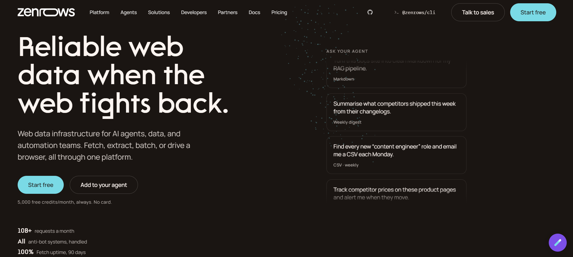 Zenrows homepage with the headline "Reliable web data when the web fights back" and Start free and Add to your agent buttons