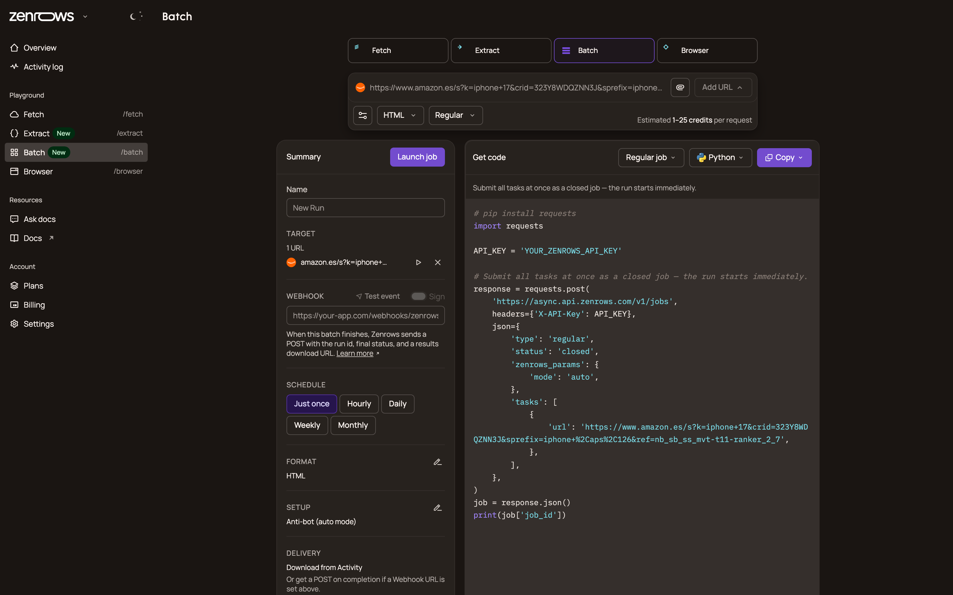 Zenrows Batch: one job over many URLs, with schedule options and generated Python code