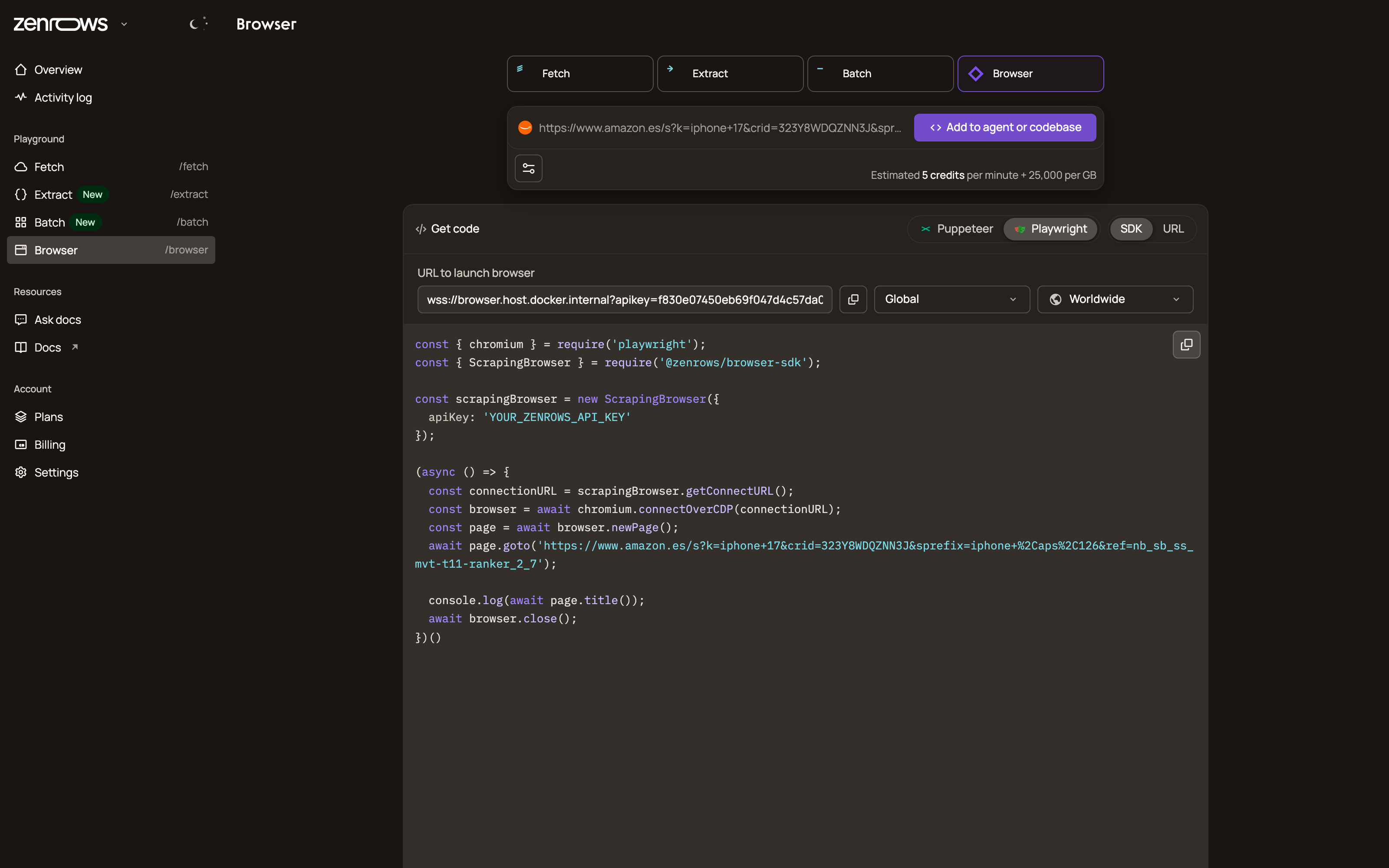 Zenrows Browser Sessions: a real remote browser driven from Playwright or Puppeteer
