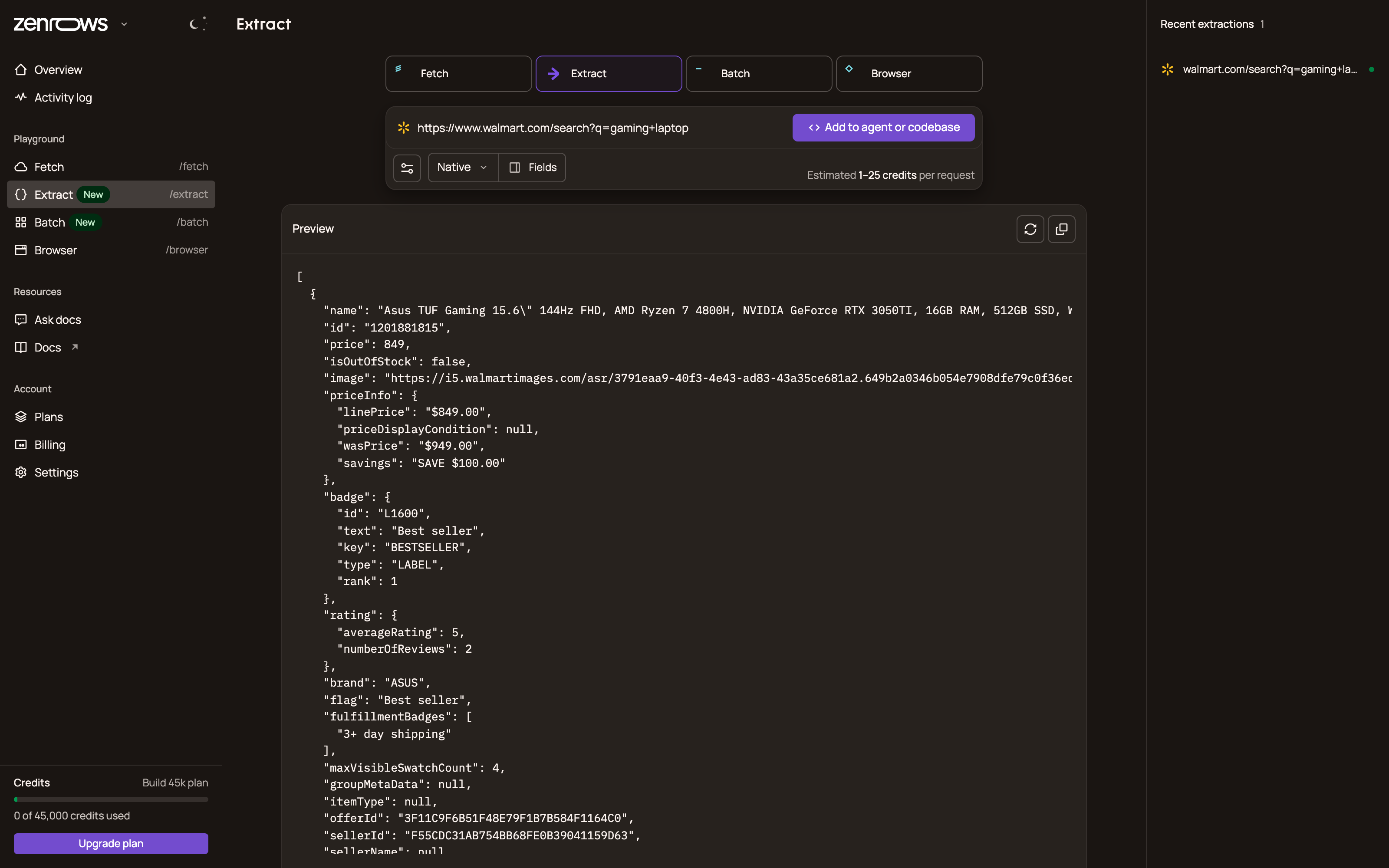 Zenrows Extract playground returning structured JSON from a product listing