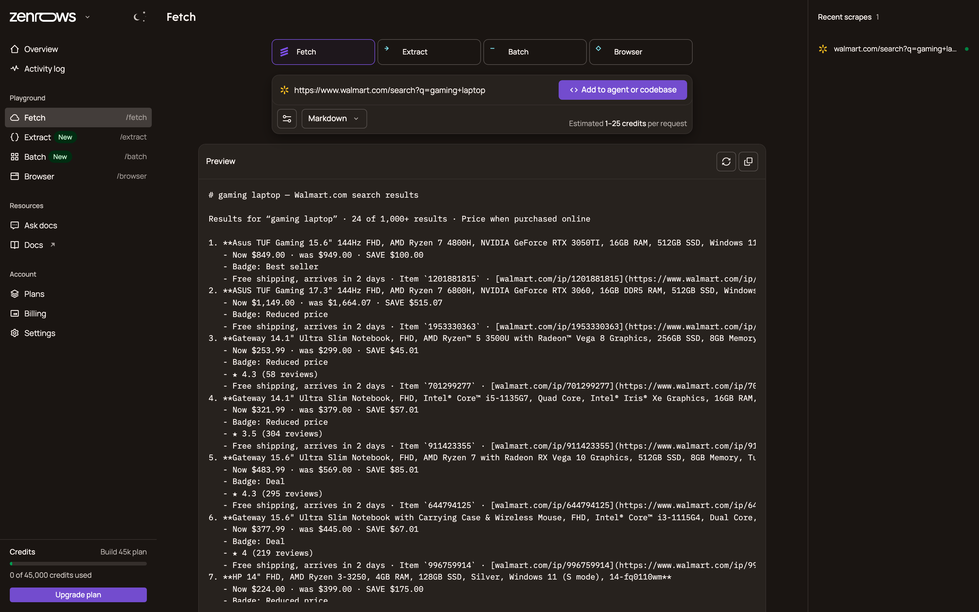 Zenrows Fetch playground returning a Walmart search as clean Markdown