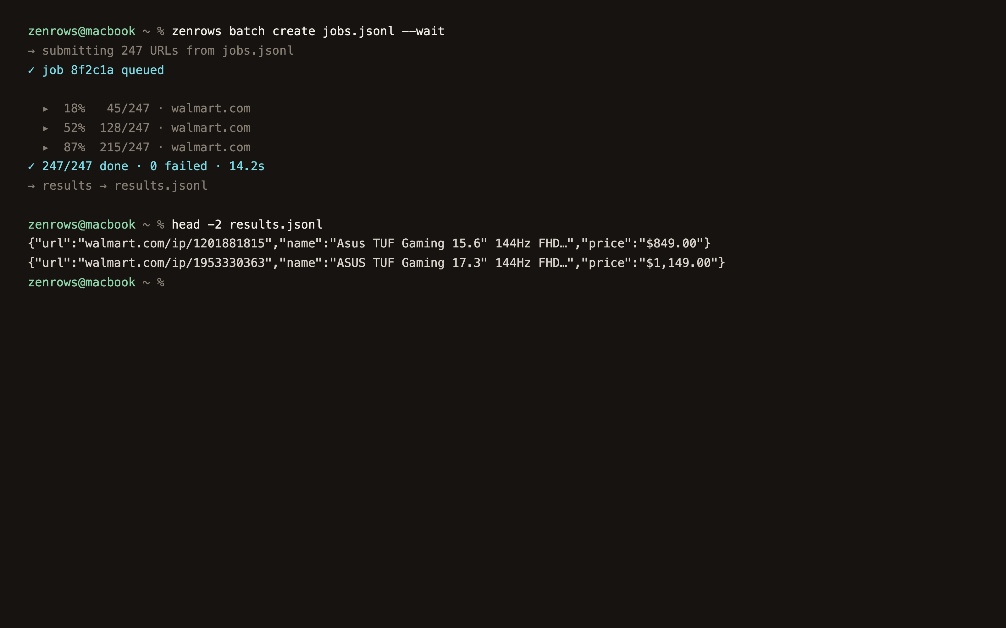 Terminal: zenrows batch runs 247 URLs as one job and writes the results file