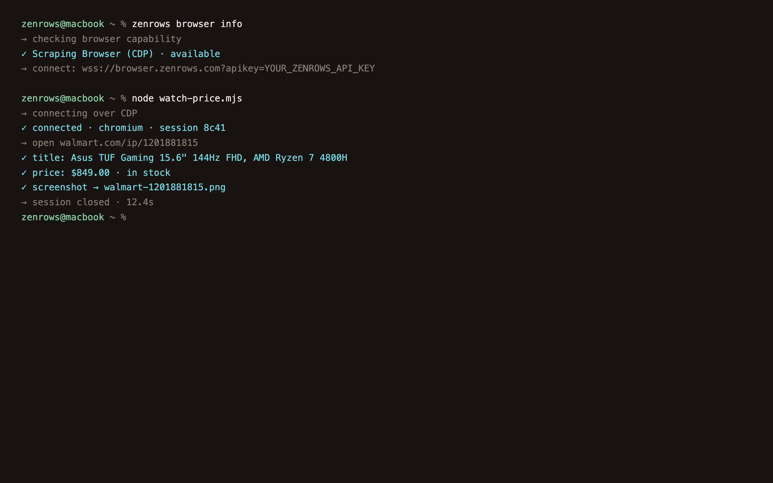 Terminal: zenrows browser info shows the remote browser connection