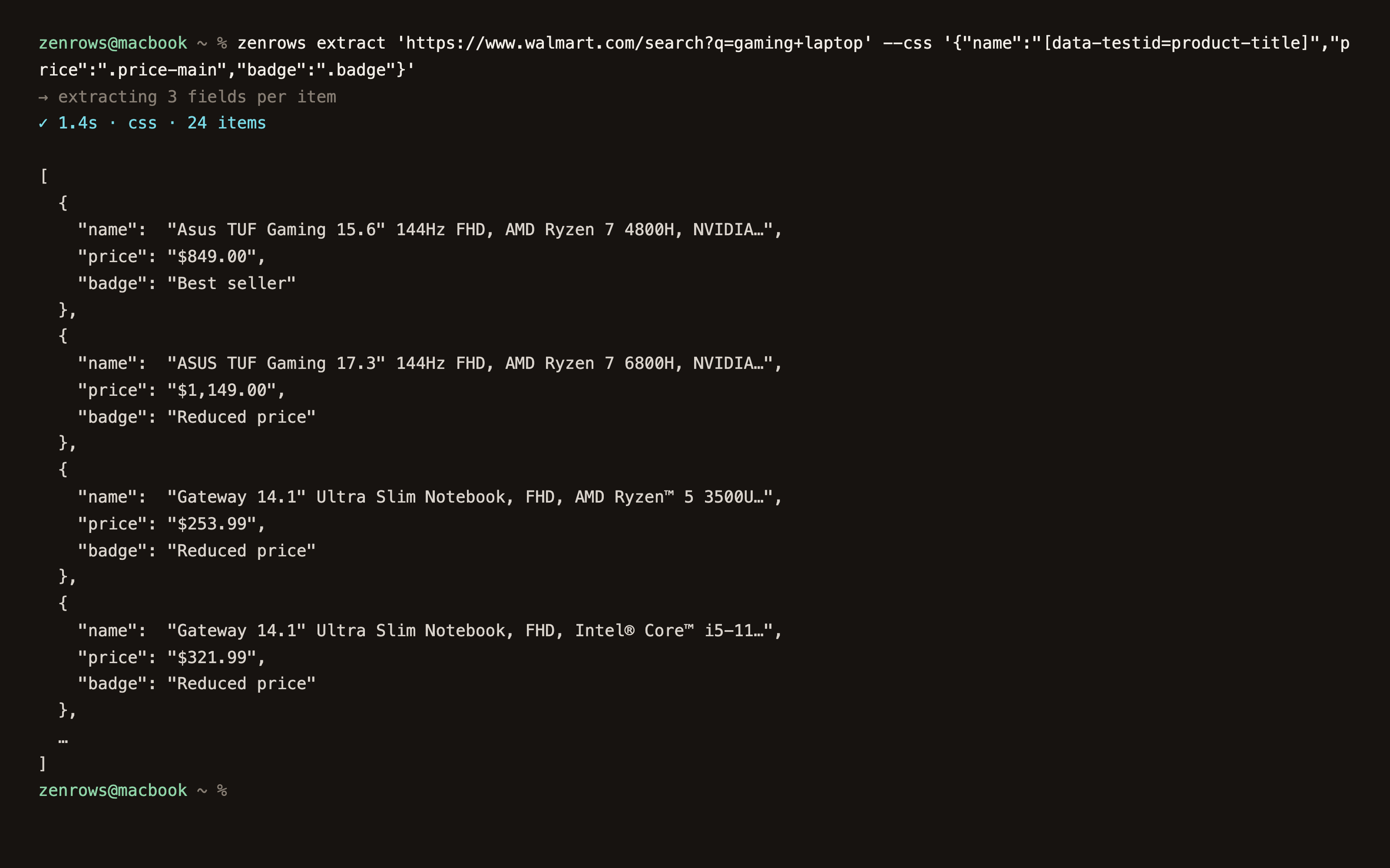 Terminal: zenrows extract returns structured JSON fields from a product page