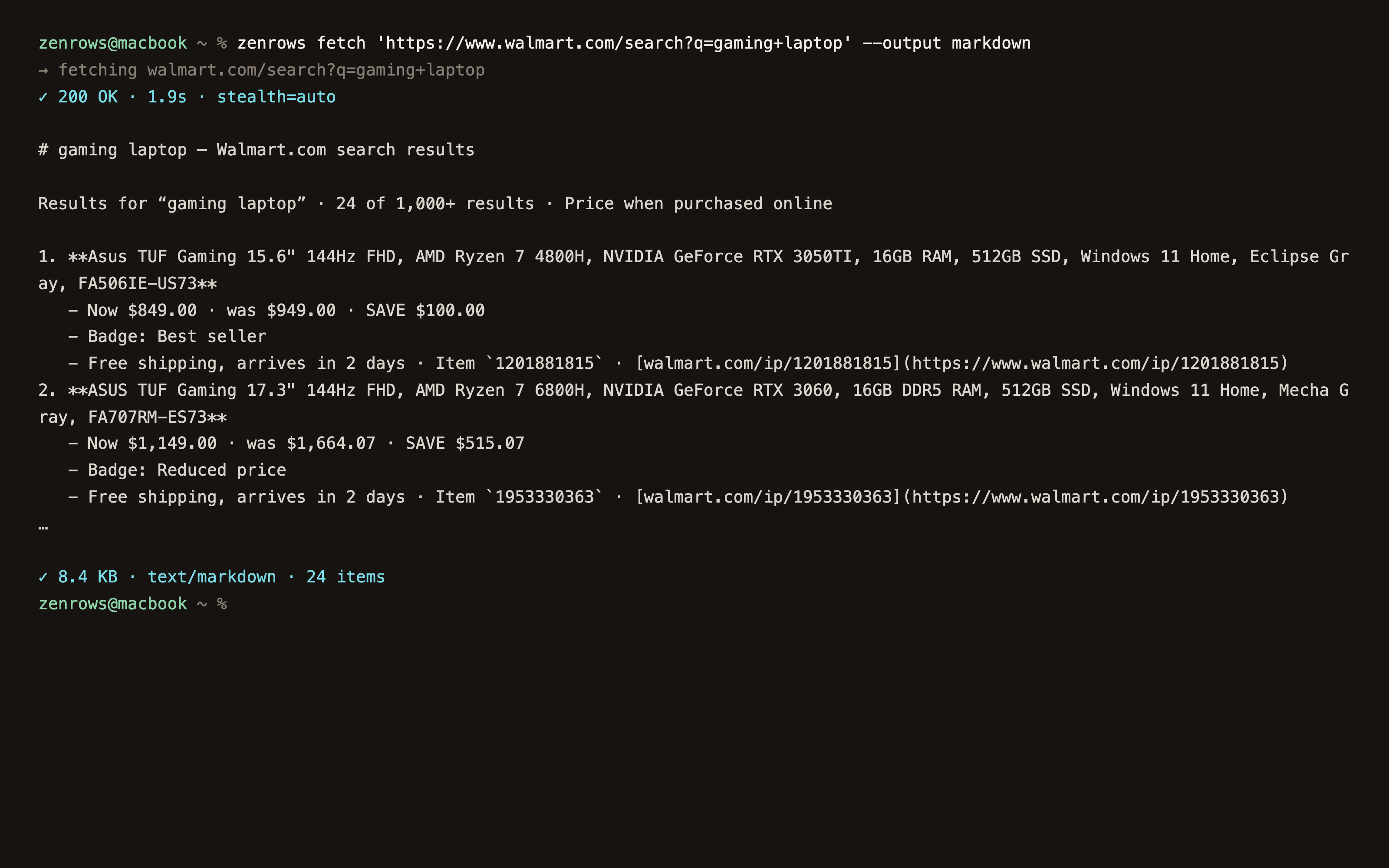 Terminal: zenrows fetch returns a protected page as HTML in one command